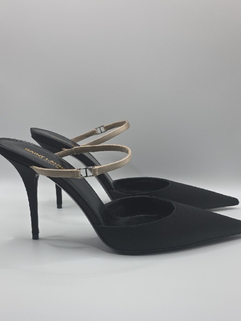 Saint Laurent Black Pointed Slingback Heels with Tan Strap - Picture 4 of 14